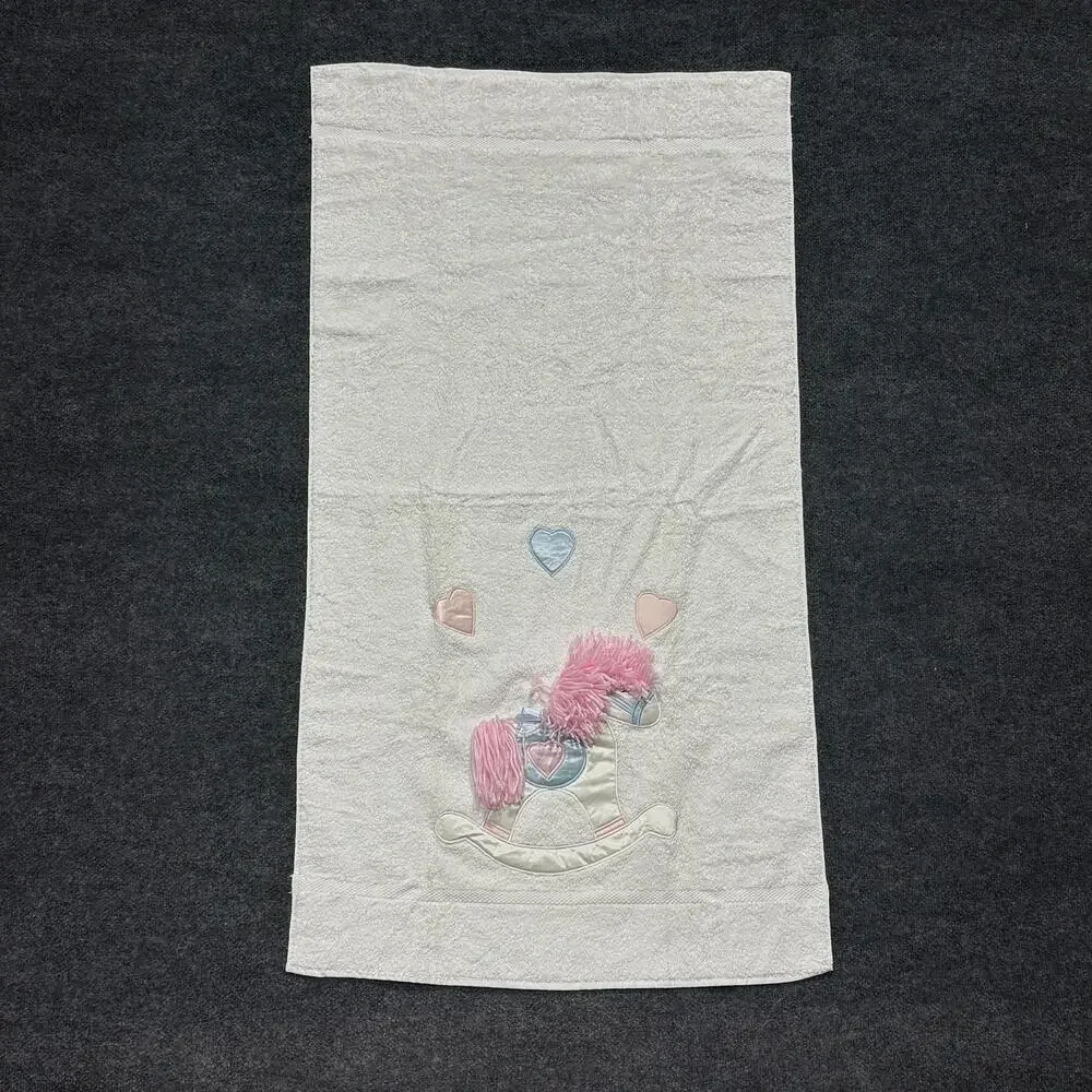 Cannon Bath Towel White Rocking Horse Hearts Baby Nursery Embroidered 26x49 USA